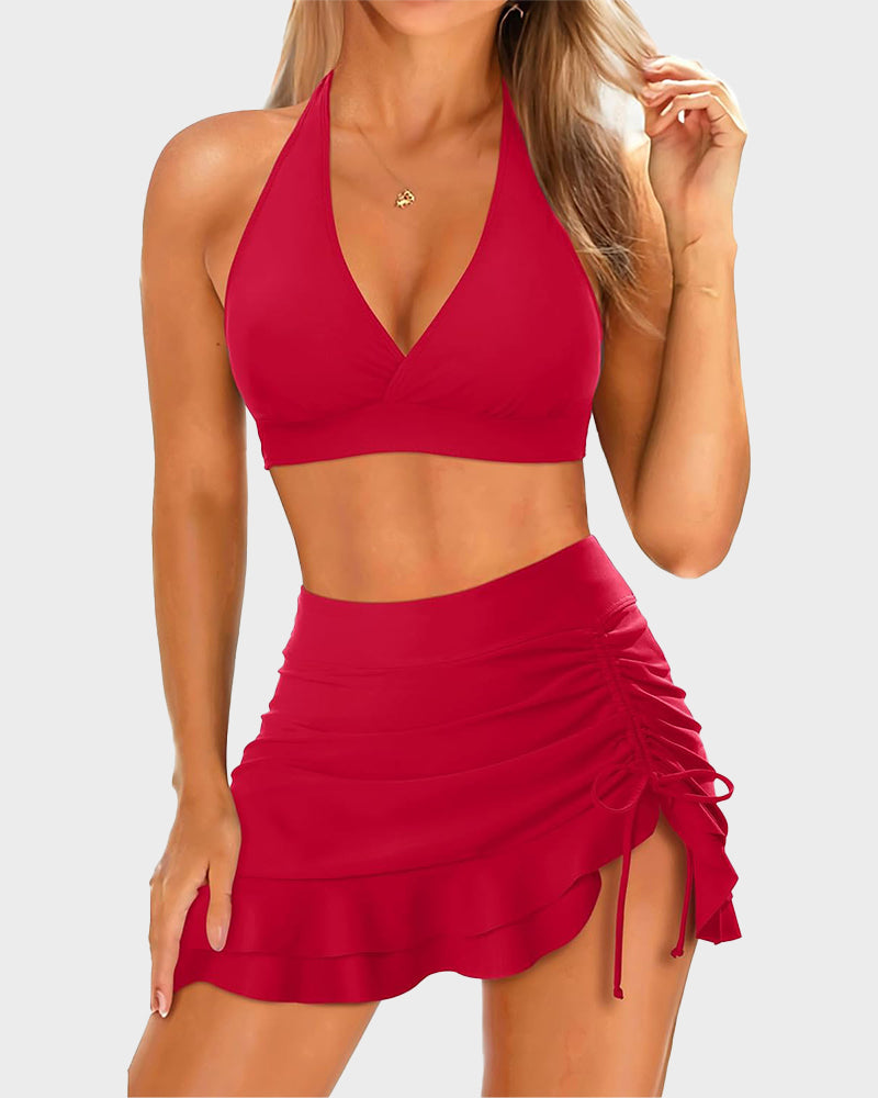 Flattering High-Waisted Halter V-Neck Two-Piece Bikini Set with Ruched Skirt