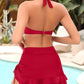 Flattering High-Waisted Halter V-Neck Two-Piece Bikini Set with Ruched Skirt