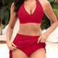 Flattering High-Waisted Halter V-Neck Two-Piece Bikini Set with Ruched Skirt