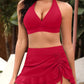 Flattering High-Waisted Halter V-Neck Two-Piece Bikini Set with Ruched Skirt