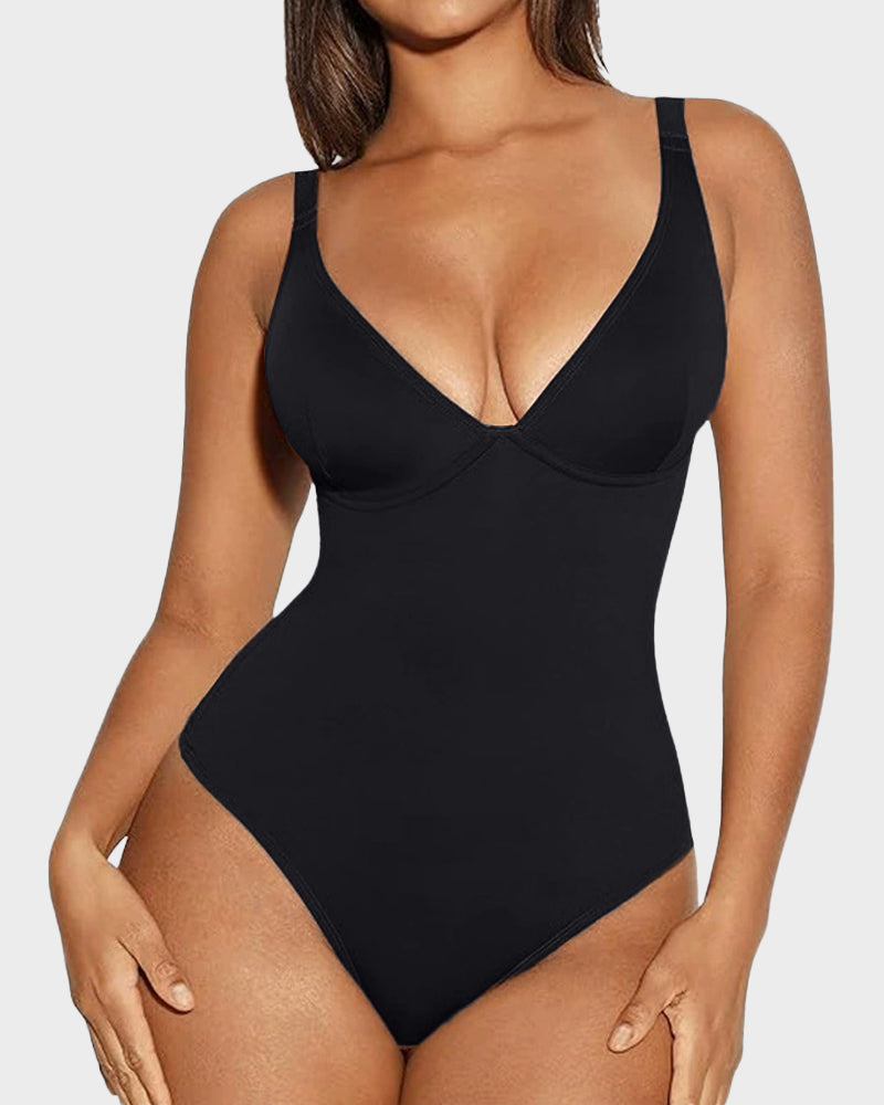 Seamless V-Neck Tummy Control Thong Bodysuit Shapewear: Smooth, Sculpt, Flatter.
