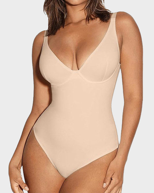Seamless V-Neck Tummy Control Thong Bodysuit Shapewear: Smooth, Sculpt, Flatter.