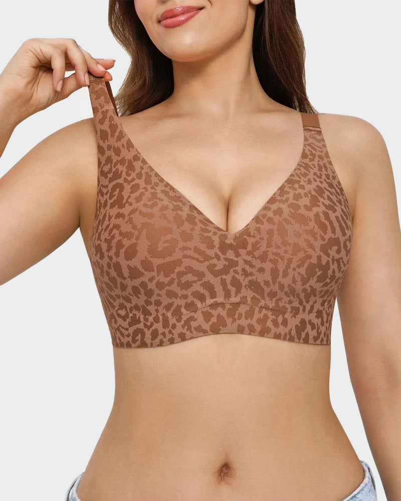 Comfortable Wireless Leopard V-Neck Contour Bra for Stylish Everyday Support