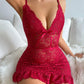 Women's Sexy Lace Chemise Nightgown with Ruffle Hem and Thong Lingerie Set