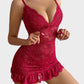 Women's Sexy Lace Chemise Nightgown with Ruffle Hem and Thong Lingerie Set