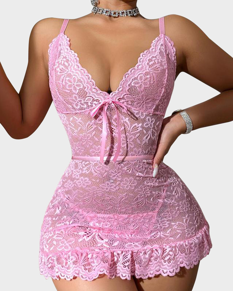 Women's Sexy Lace Chemise Nightgown with Ruffle Hem and Thong Lingerie Set