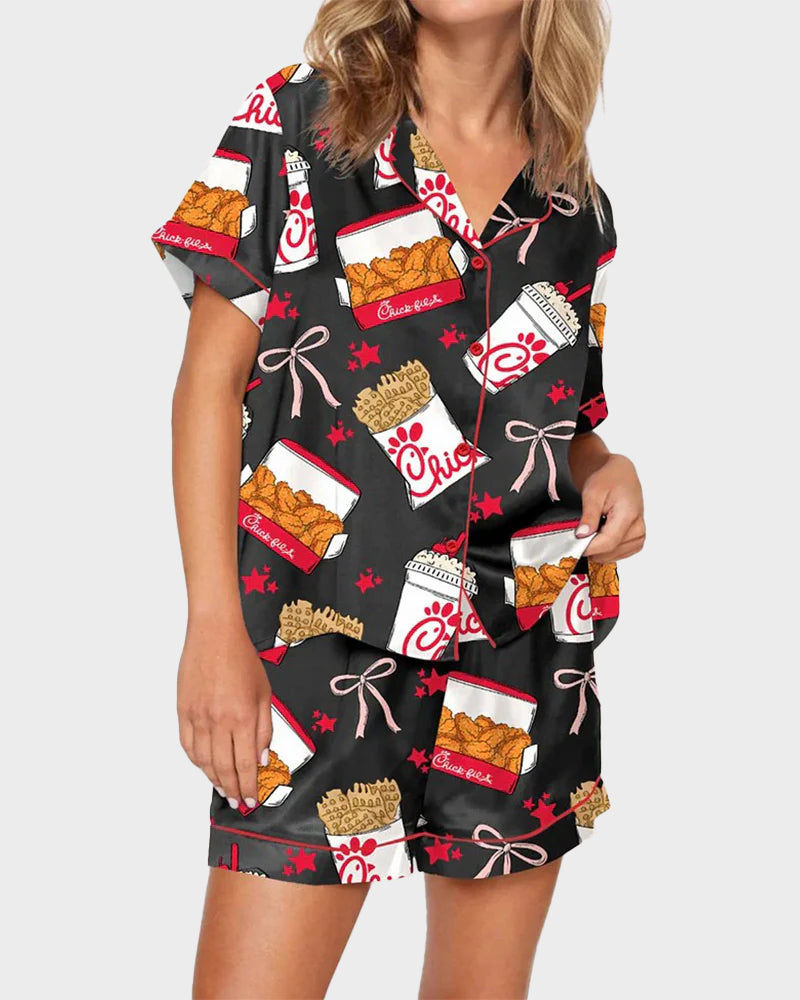 Deliciously Fun Women's Fried Chicken Print Satin Pajama Shorts Set