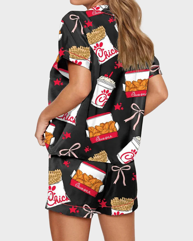 Deliciously Fun Women's Fried Chicken Print Satin Pajama Shorts Set