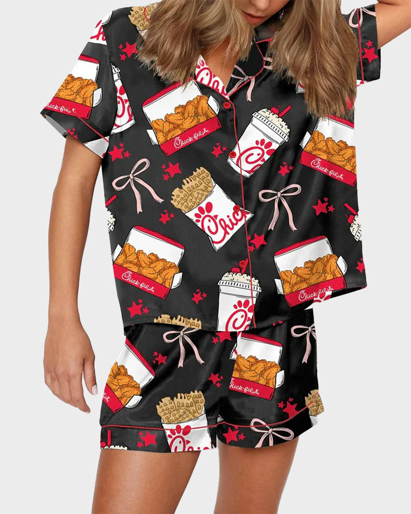 Deliciously Fun Women's Fried Chicken Print Satin Pajama Shorts Set