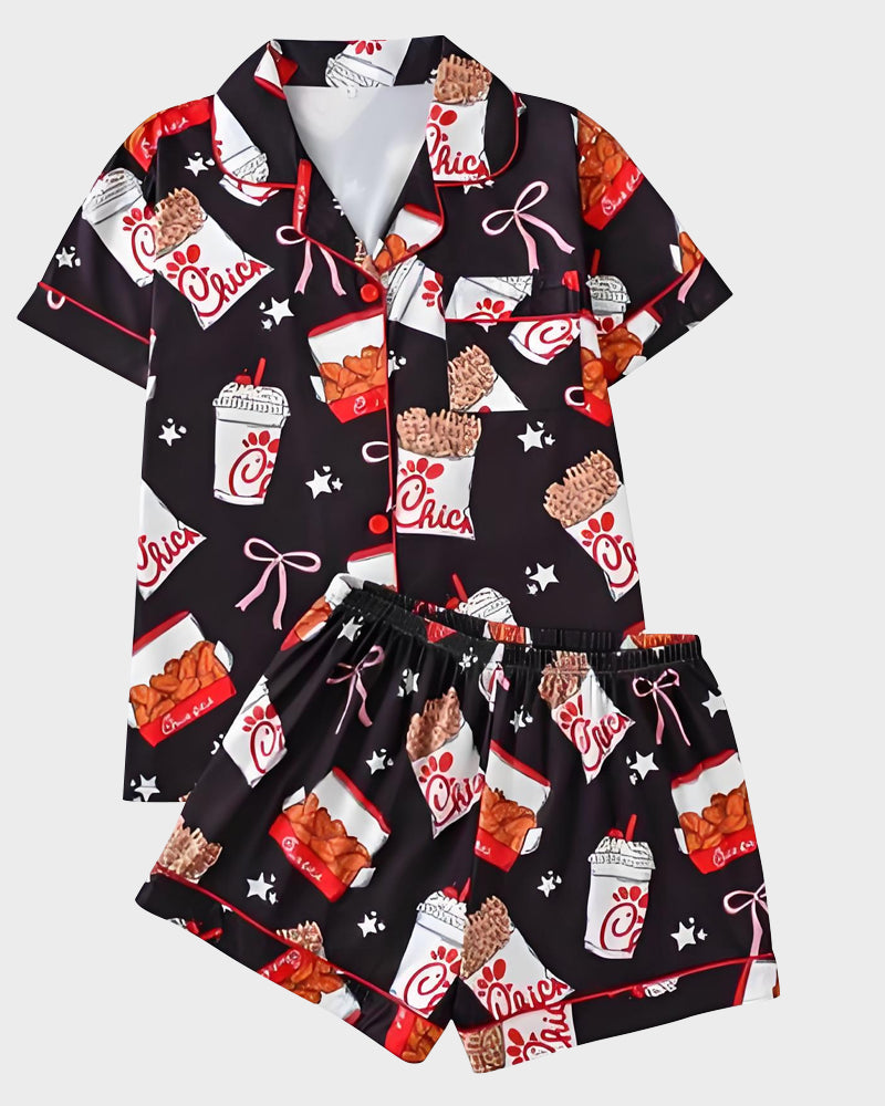 Deliciously Fun Women's Fried Chicken Print Satin Pajama Shorts Set