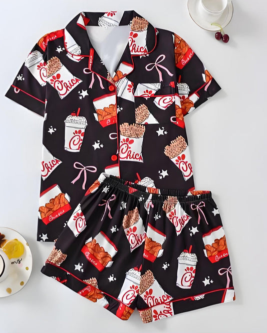 Deliciously Fun Women's Fried Chicken Print Satin Pajama Shorts Set