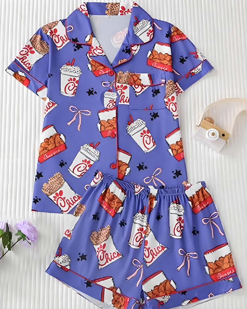 Deliciously Fun Women's Fried Chicken Print Satin Pajama Shorts Set