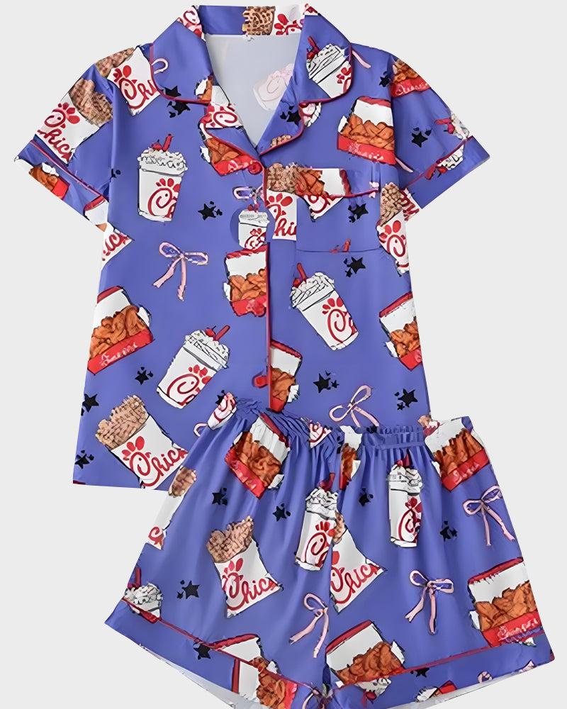 Deliciously Fun Women's Fried Chicken Print Satin Pajama Shorts Set