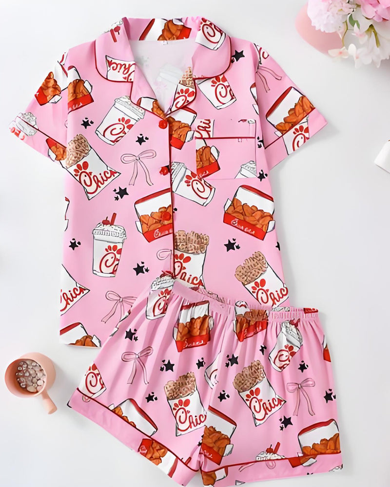 Deliciously Fun Women's Fried Chicken Print Satin Pajama Shorts Set