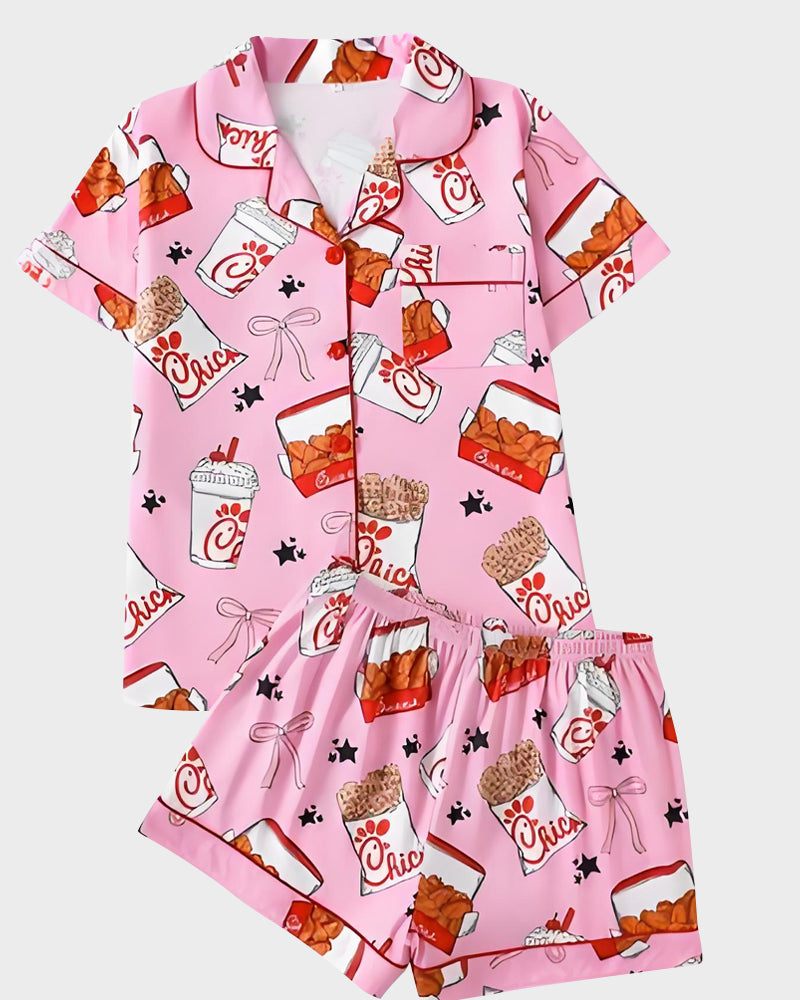 Deliciously Fun Women's Fried Chicken Print Satin Pajama Shorts Set