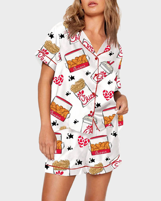 Deliciously Fun Women's Fried Chicken Print Satin Pajama Shorts Set