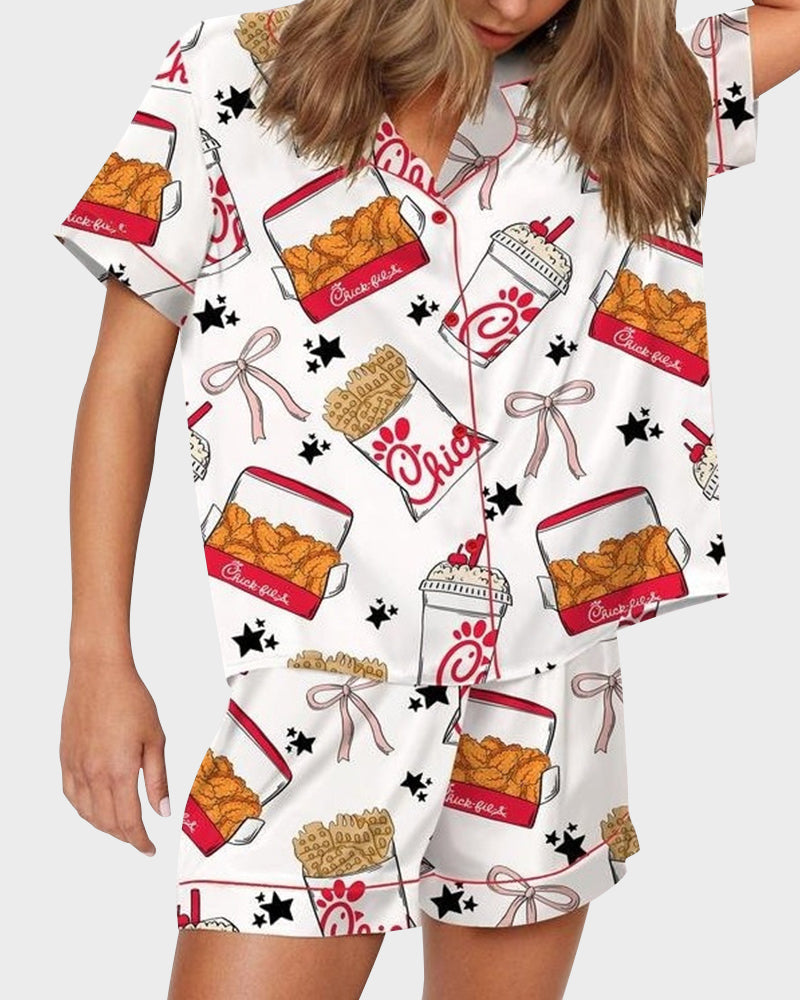 Deliciously Fun Women's Fried Chicken Print Satin Pajama Shorts Set
