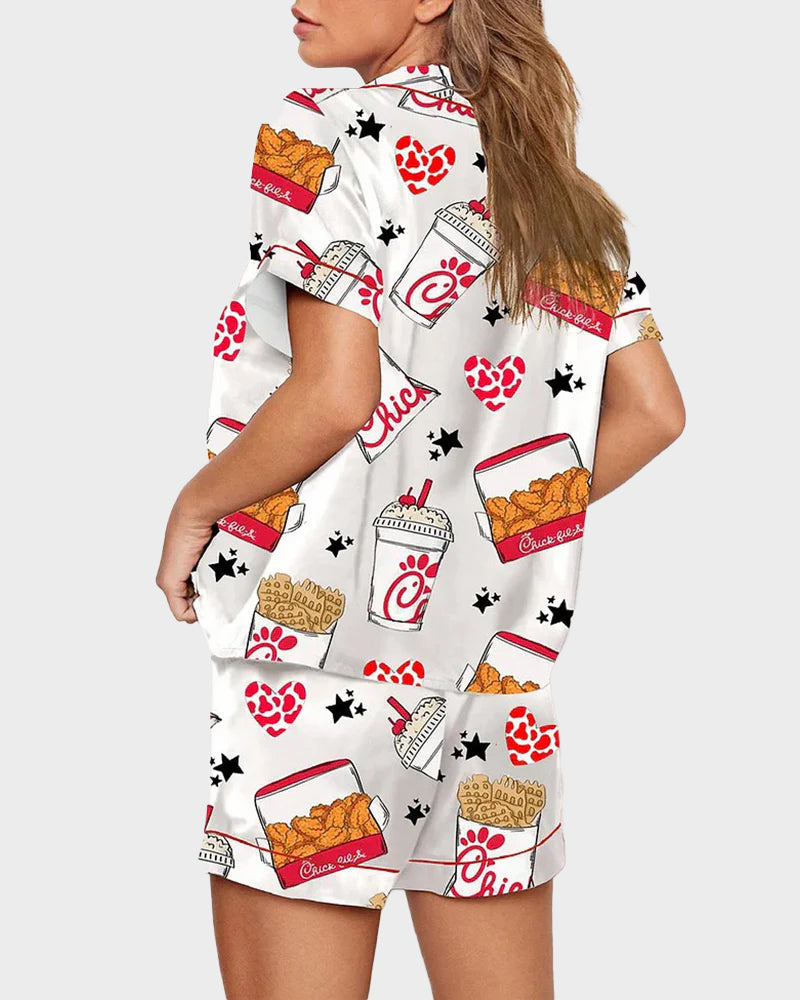 Deliciously Fun Women's Fried Chicken Print Satin Pajama Shorts Set