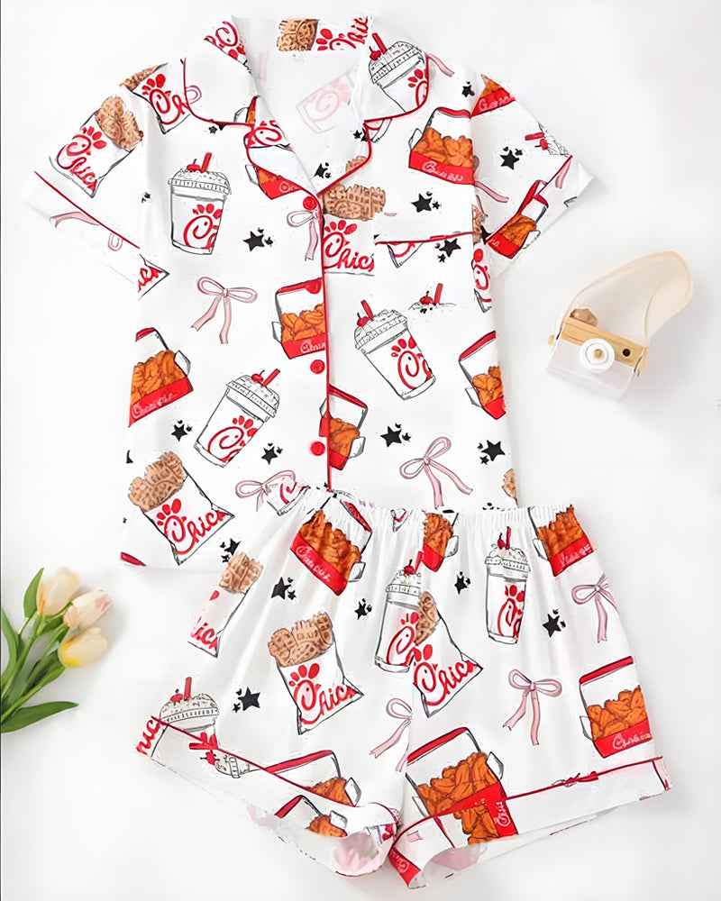 Deliciously Fun Women's Fried Chicken Print Satin Pajama Shorts Set