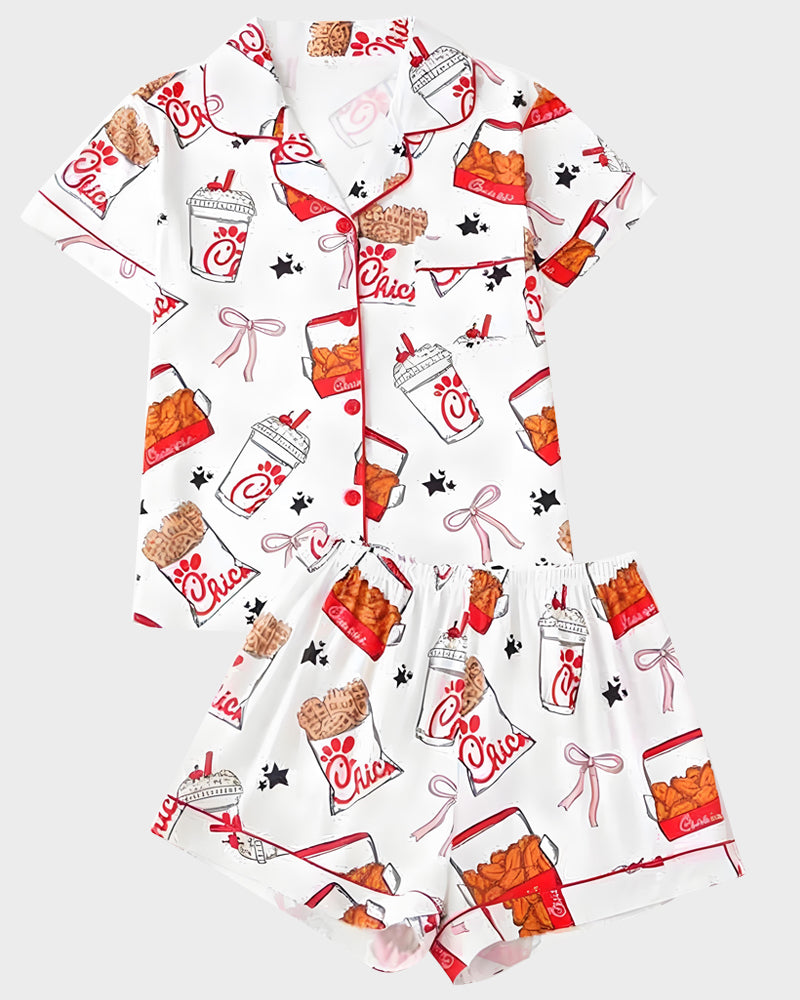 Deliciously Fun Women's Fried Chicken Print Satin Pajama Shorts Set