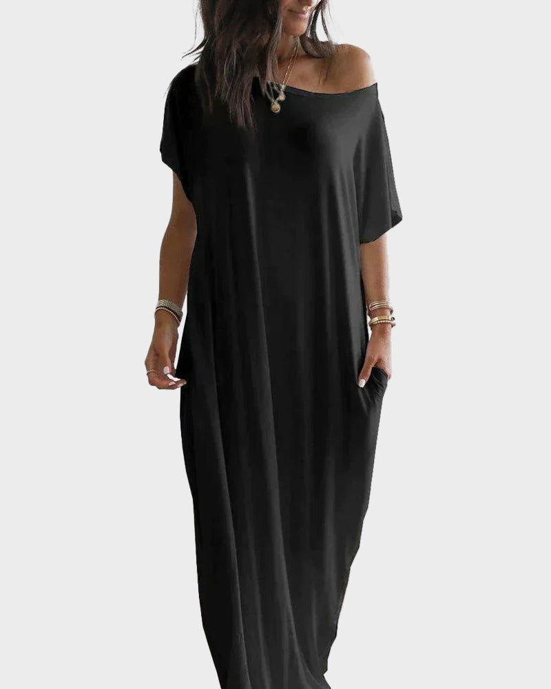 Women's Relaxed Off-Shoulder Batwing Sleeve Maxi Lounge Dress - Soft & Chic