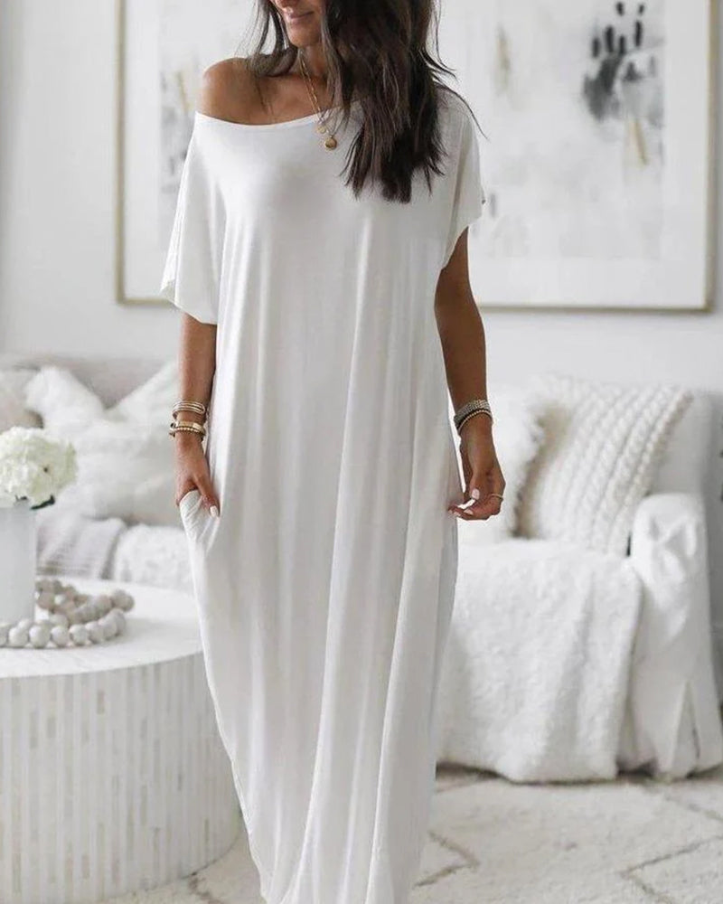 Women's Relaxed Off-Shoulder Batwing Sleeve Maxi Lounge Dress - Soft & Chic