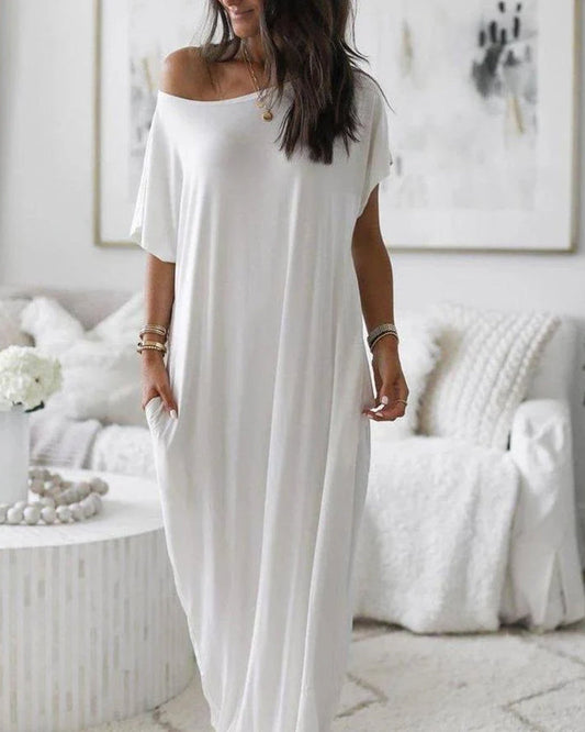 Women's Relaxed Off-Shoulder Batwing Sleeve Maxi Lounge Dress - Soft & Chic