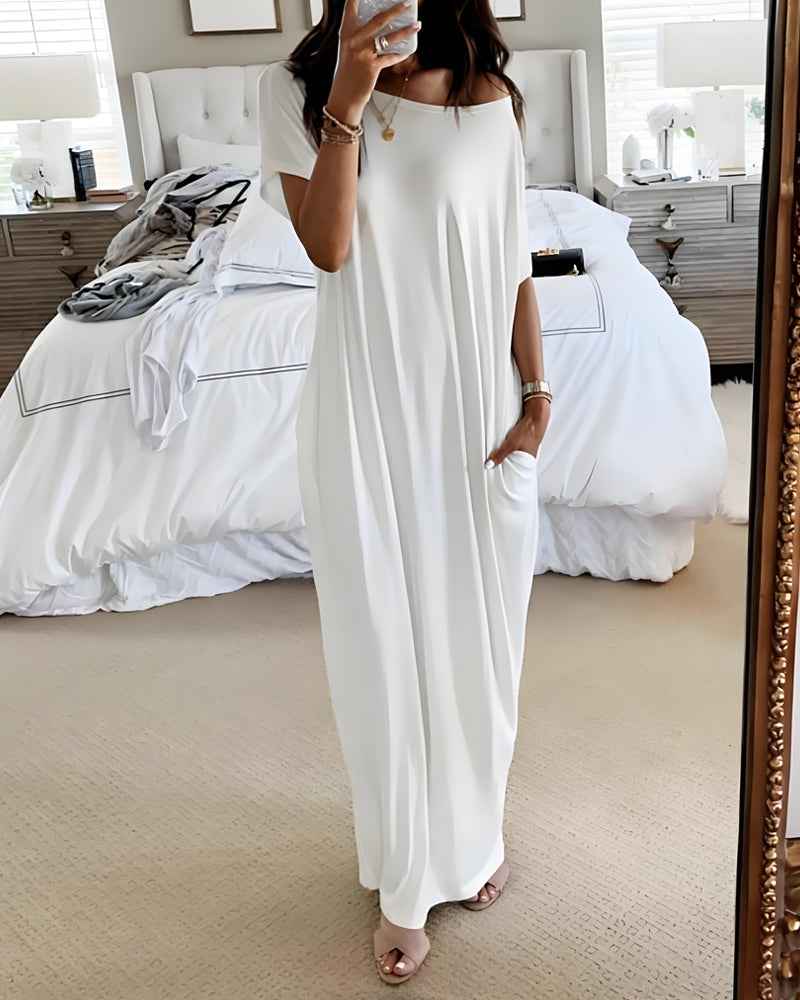 Women's Relaxed Off-Shoulder Batwing Sleeve Maxi Lounge Dress - Soft & Chic