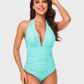 Stylish Halter Neck Deep V Ruched One-Piece Swimsuit - Flattering Beachwear