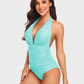 Stylish Halter Neck Deep V Ruched One-Piece Swimsuit - Flattering Beachwear