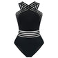 Chic Striped Mesh Insert Cross-Over Halter Neck One-Piece Swimsuit for Women