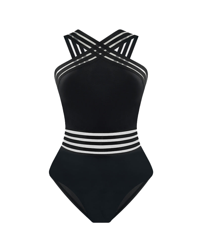 Chic Striped Mesh Insert Cross-Over Halter Neck One-Piece Swimsuit for Women