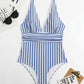 SheCurve Striped Deep Plunge Ruched One-Piece Summer Swimsuit for Women