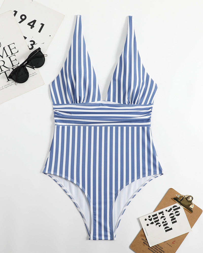 SheCurve Striped Deep Plunge Ruched One-Piece Summer Swimsuit for Women