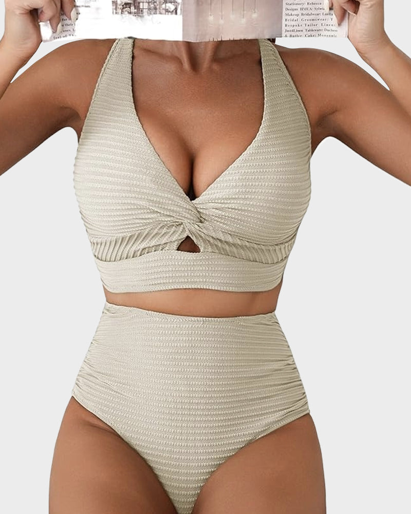 Chic Textured Knot-Front High-Waisted Bikini Set for Women