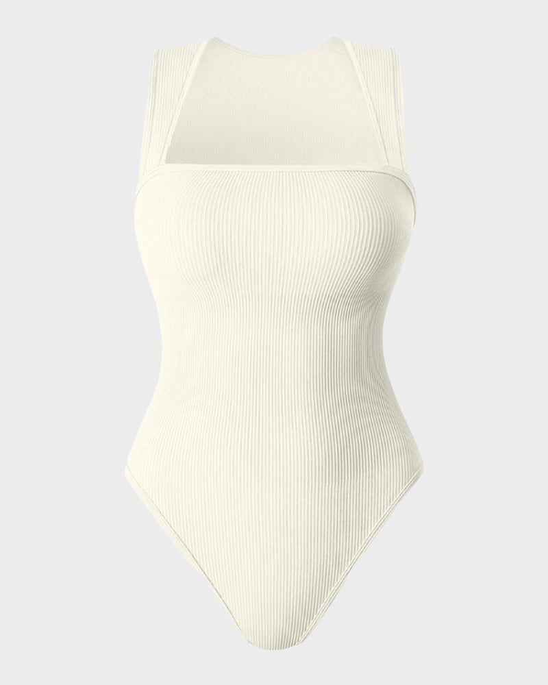Chic Ribbed Square Neck Sleeveless Tummy Control Tank Bodysuit for Women
