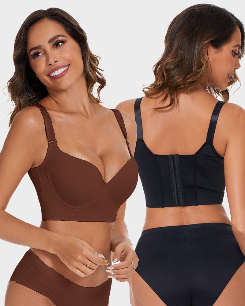 SheCurve Full-Coverage V-Neck Back Smoothing Bra 2-Pack Black Brown