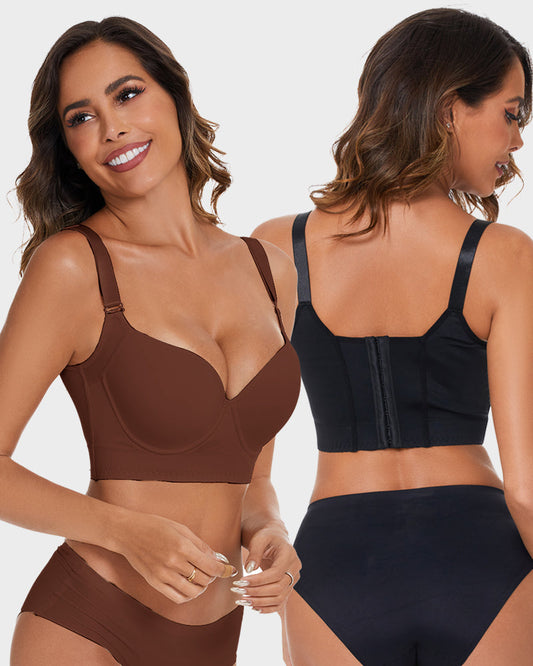 SheCurve Full-Coverage V-Neck Back Smoothing Bra 2-Pack Black Brown