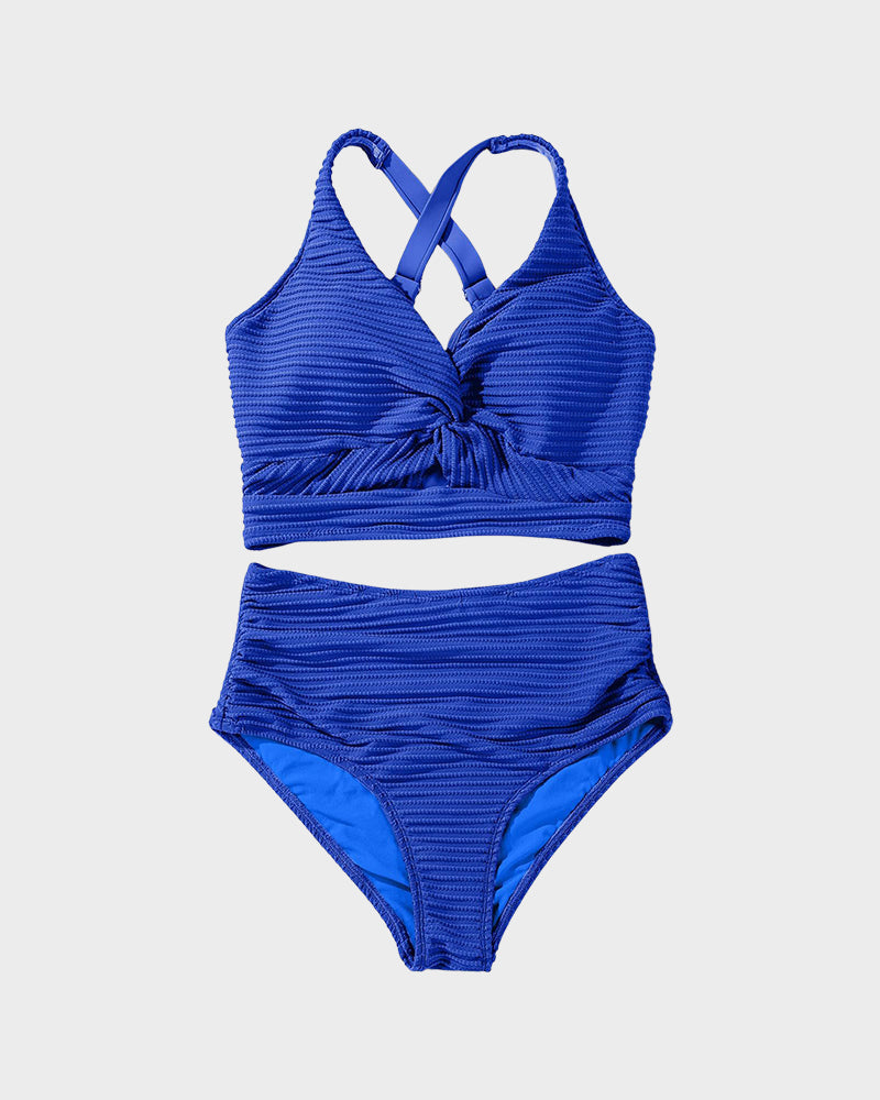 Chic Textured Knot-Front High-Waisted Bikini Set for Women