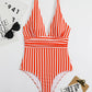 SheCurve Striped Deep Plunge Ruched One-Piece Summer Swimsuit for Women