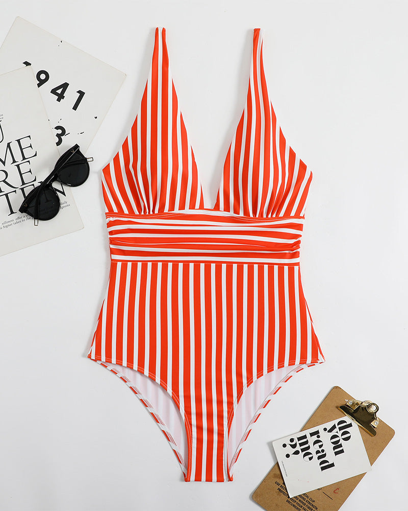 SheCurve Striped Deep Plunge Ruched One-Piece Summer Swimsuit for Women