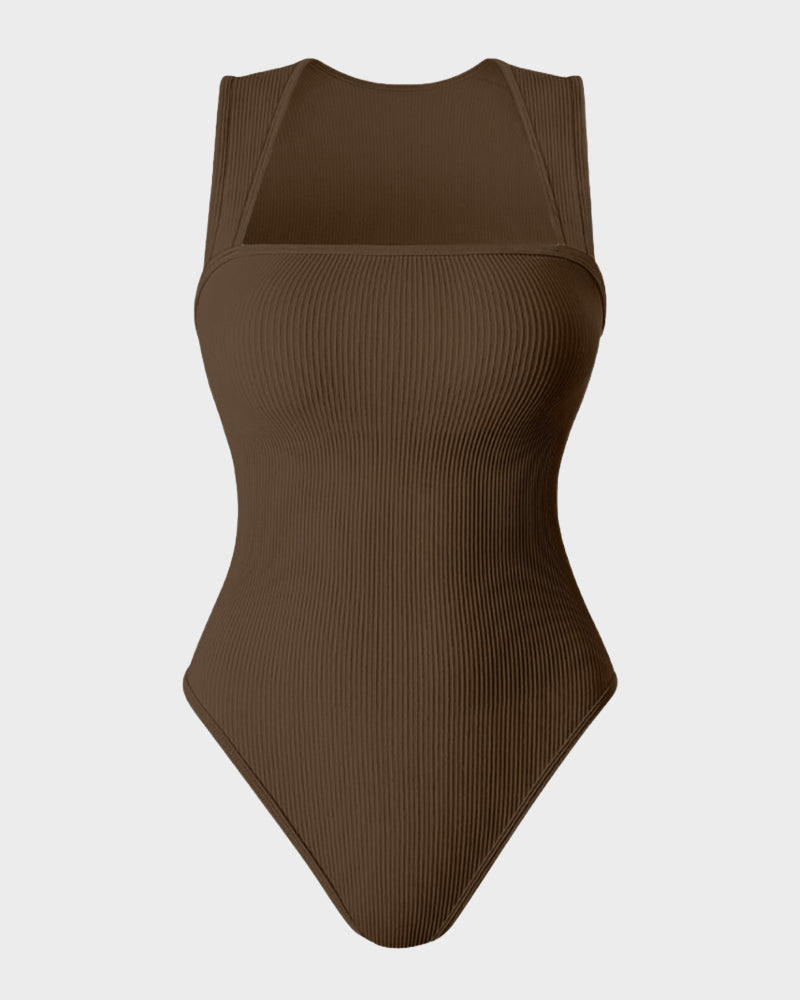 Chic Ribbed Square Neck Sleeveless Tummy Control Tank Bodysuit for Women