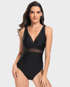 Elegant Mesh Tummy Control One-Piece Swimsuit with Deep V-Neck & Backless Design