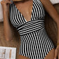 SheCurve Striped Deep Plunge Ruched One-Piece Summer Swimsuit for Women