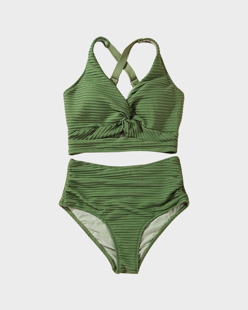 Chic Textured Knot-Front High-Waisted Bikini Set for Women