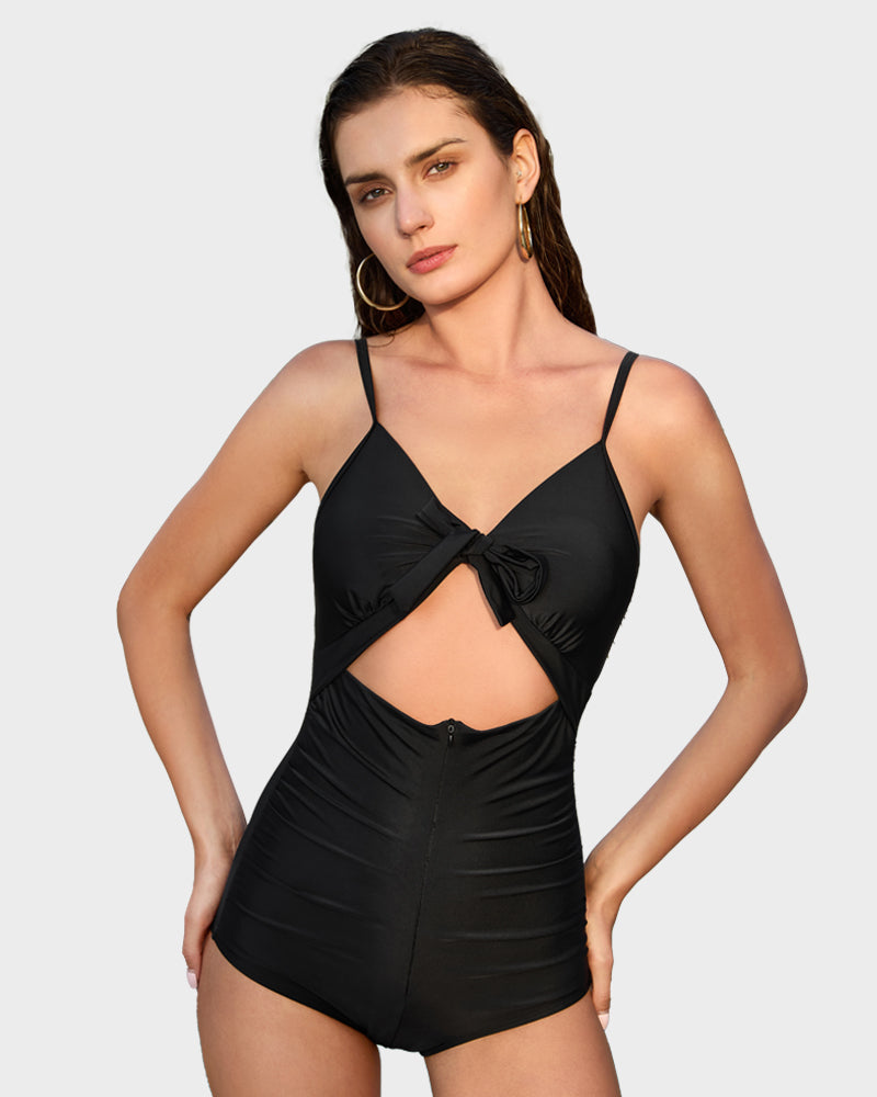 Elegant Front Tie Built-In Shapewear Sculpting One-Piece Swimsuit for Women