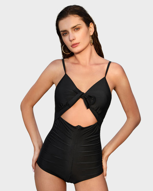 Elegant Front Tie Built-In Shapewear Sculpting One-Piece Swimsuit for Women