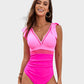 Deep V Ruffled Sleeve Mesh Panel Ruched One-Piece Swimsuit for Women