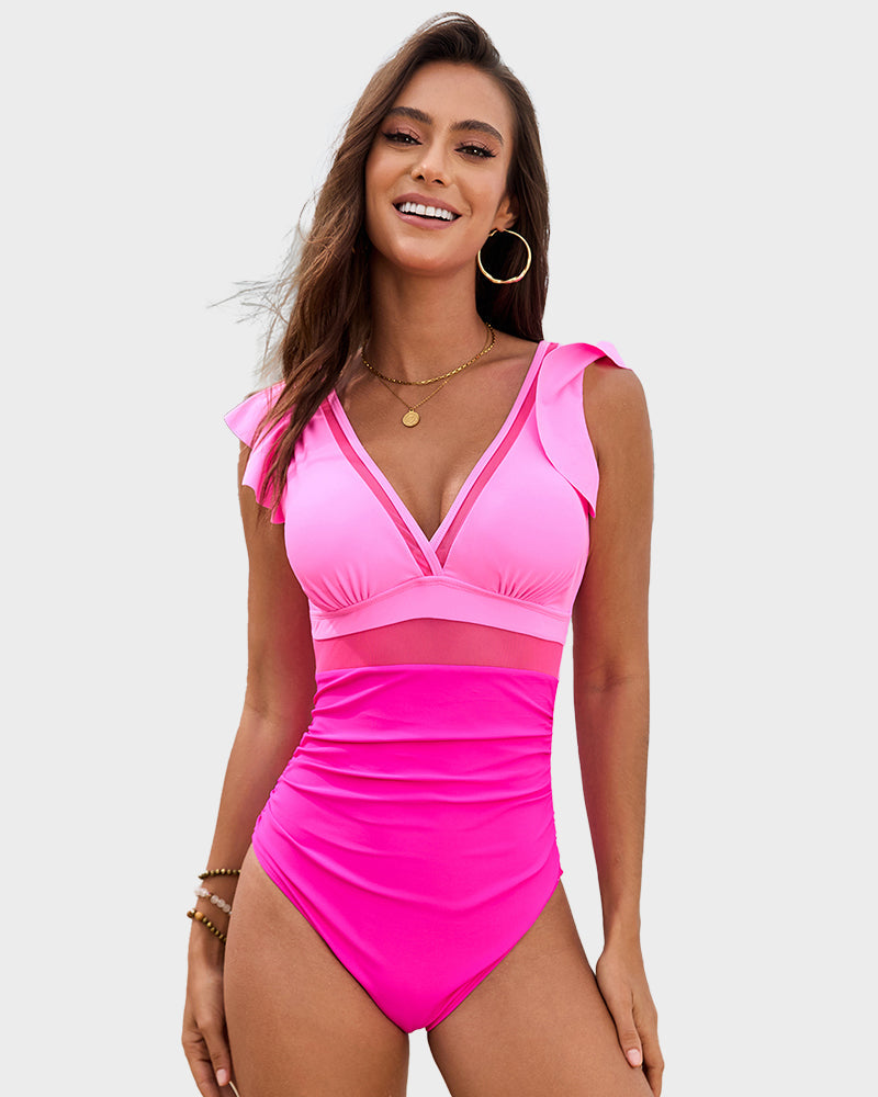 Deep V Ruffled Sleeve Mesh Panel Ruched One-Piece Swimsuit for Women
