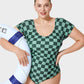 Chic Green Check Short Sleeve Modest One-Piece Swimsuit for Women
